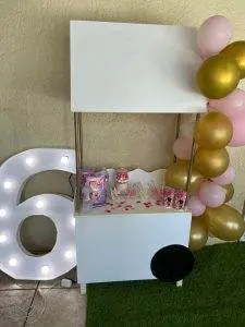 A small white stand, festooned with pink and gold balloons, offers an array of snacks, making it perfect for a lively kids' party rental. To the left of the stand, a large greenery photo backdrop with a neon sign on an artificial green grass patch adds an enchanting touch, complemented by a light-up "6" that enhances the magical atmosphere.