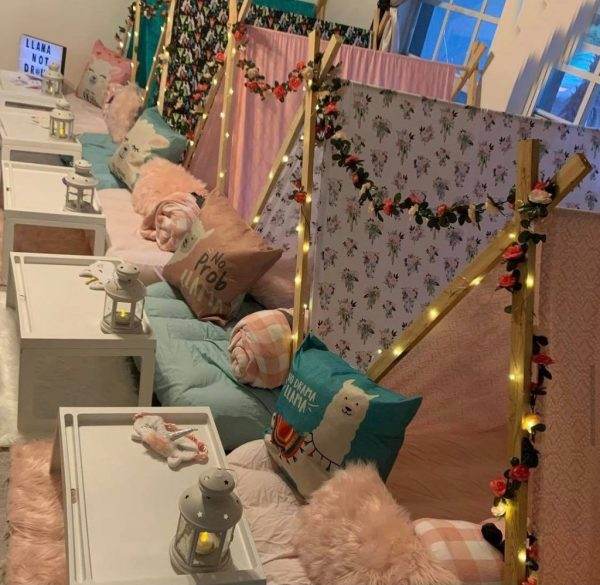 llama themed slumber party with unicorn decorated teepees