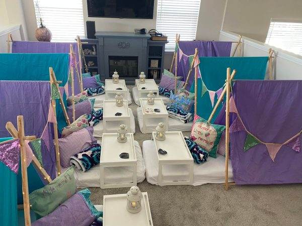 Adorable small teepee tent rental with purple and blue mermaid decorations