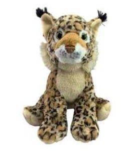 A Build-A-Bear Party plush toy leopard, featuring a beige and brown spotted pattern, seated and facing forward, perfect for any kids' party rental.