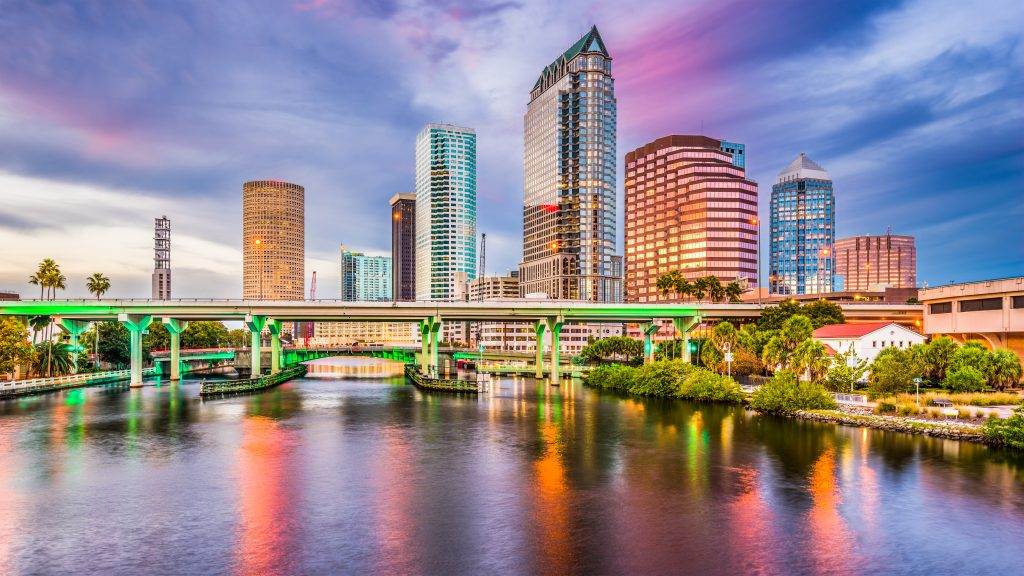 The skyline of Tampa, Florida at sunset offers a breathtaking view.