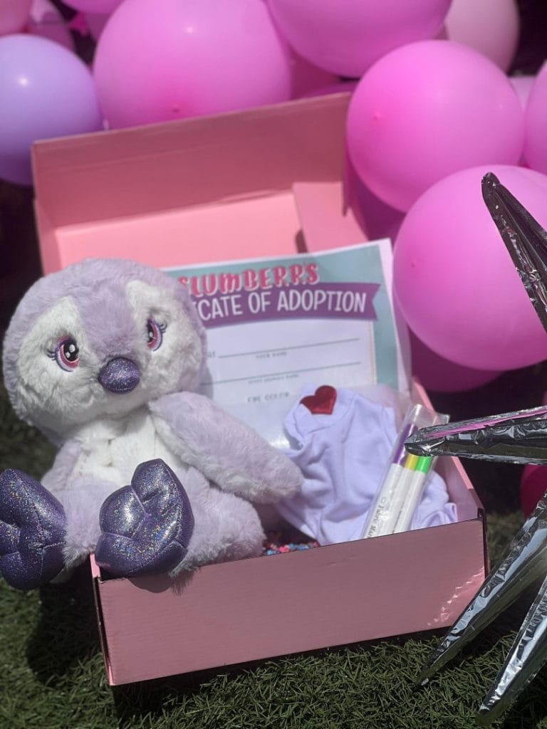 A pink box with a stuffed animal and balloons, perfect for a party in Lakeland.