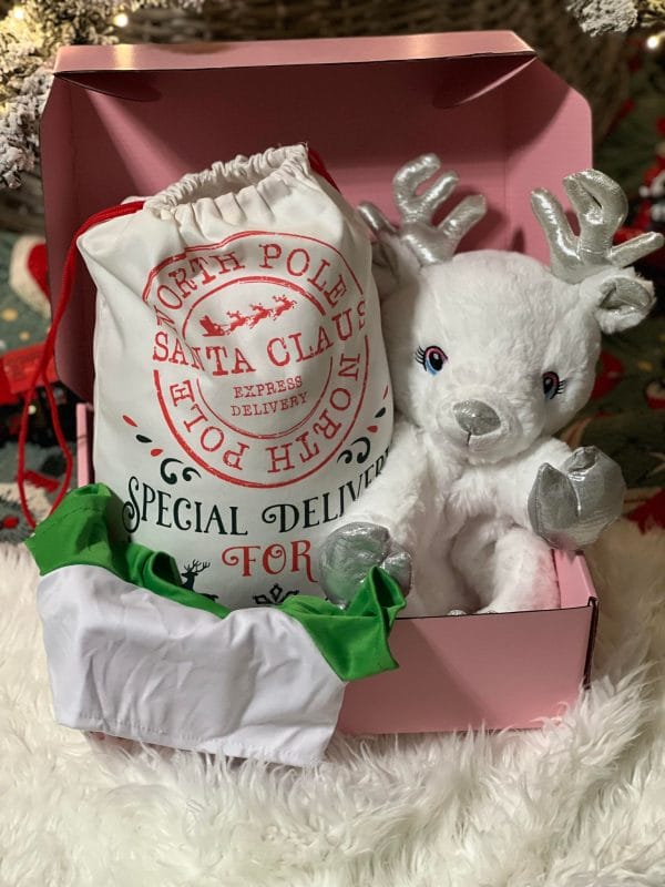 The Holiday Build-A-Bear Party Box with a stuffed reindeer inside.