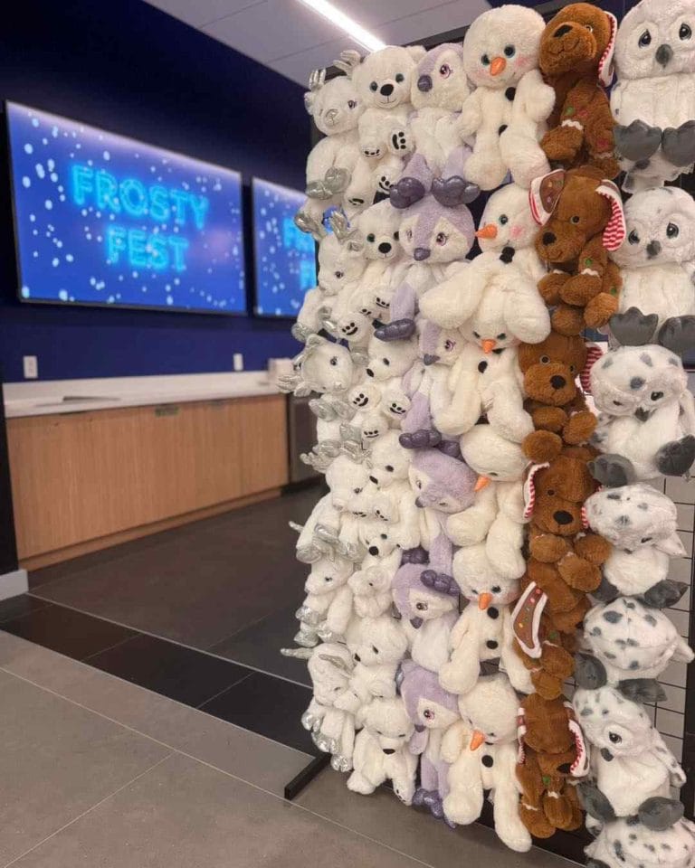 A display of stuffed animals in a Teepee store.