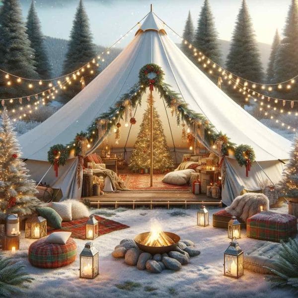 A charming holiday bell tent theme setup, perfect for a cozy outdoor celebration. The scene shows a large bell tent, festively decorated with strings. Holiday Theme by Slumberr