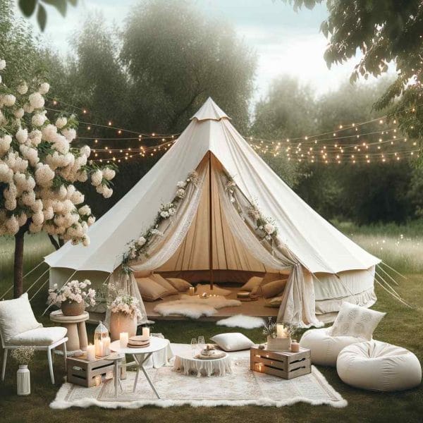 A serene and elegant boho white chill bell tent setup, ideal for a relaxed and stylish outdoor gathering. The scene depicts a large bell tent, elegant. Boho White Theme by Slumberr