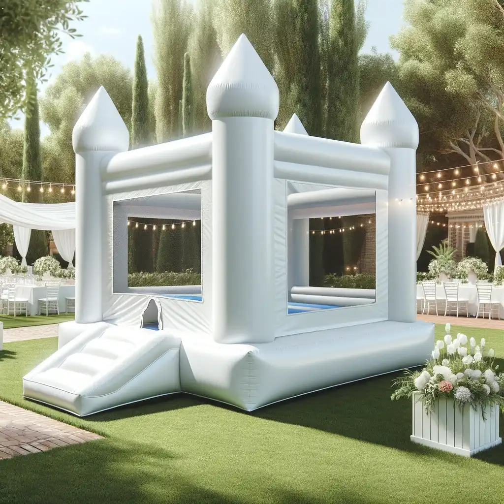 A white inflatable bounce house in a backyard, perfect for a fun party.