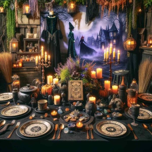 A festive table adorned with Hocus Pocus Party Theme and set up for a lively Halloween party.