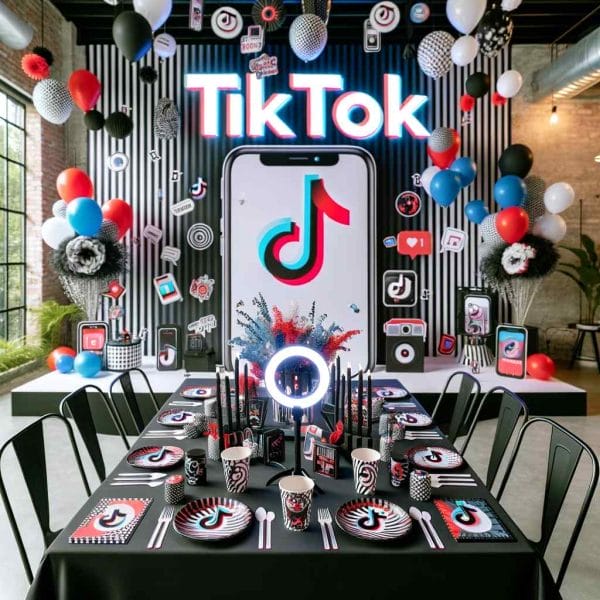 TikTok Party Theme birthday party with balloons, decorations, and teepee.