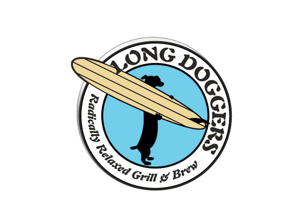Long doggers logo featuring a dog holding a surfboard in the scenic Lakeland area.