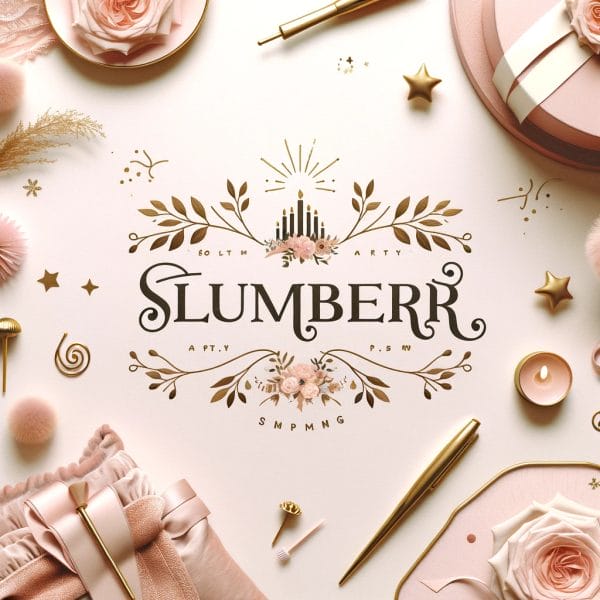 Decorative event invitation with the word "slumber" in gold, surrounded by floral motifs, on a pink background with scattered Central Florida's Party Event Planning Service accessories.