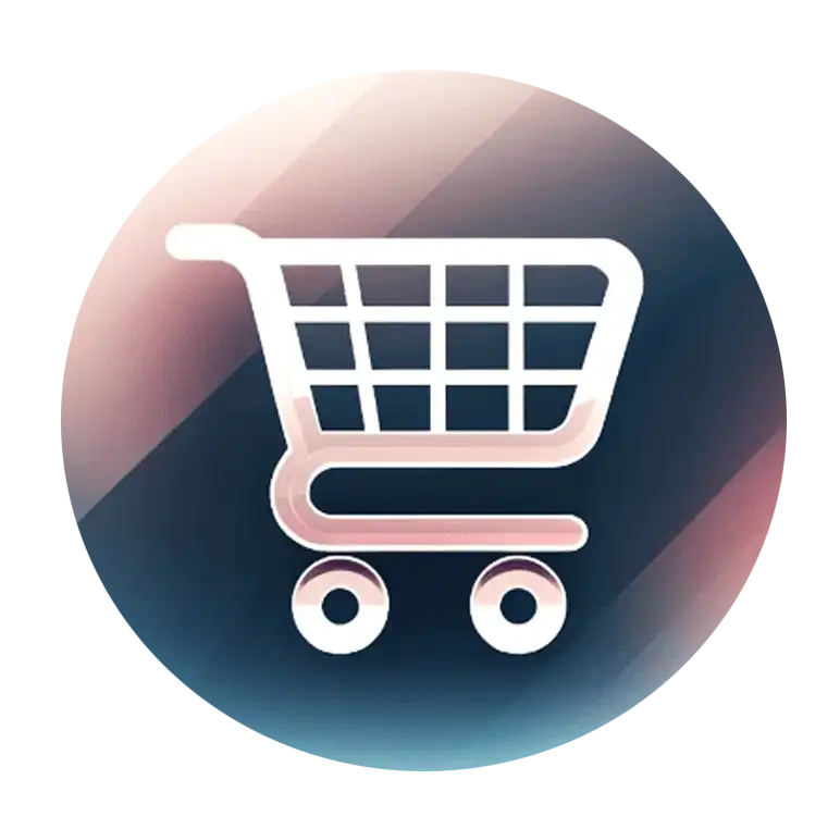 Digital icon of a pink stylized shopping cart with a gradient background, symbolizing online shopping or e-commerce.