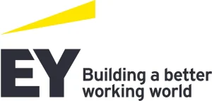 EY logo with the text "Building a better working world" to the right. A yellow angular graphic element, reminiscent of a welcoming home, is positioned above the letters "EY.