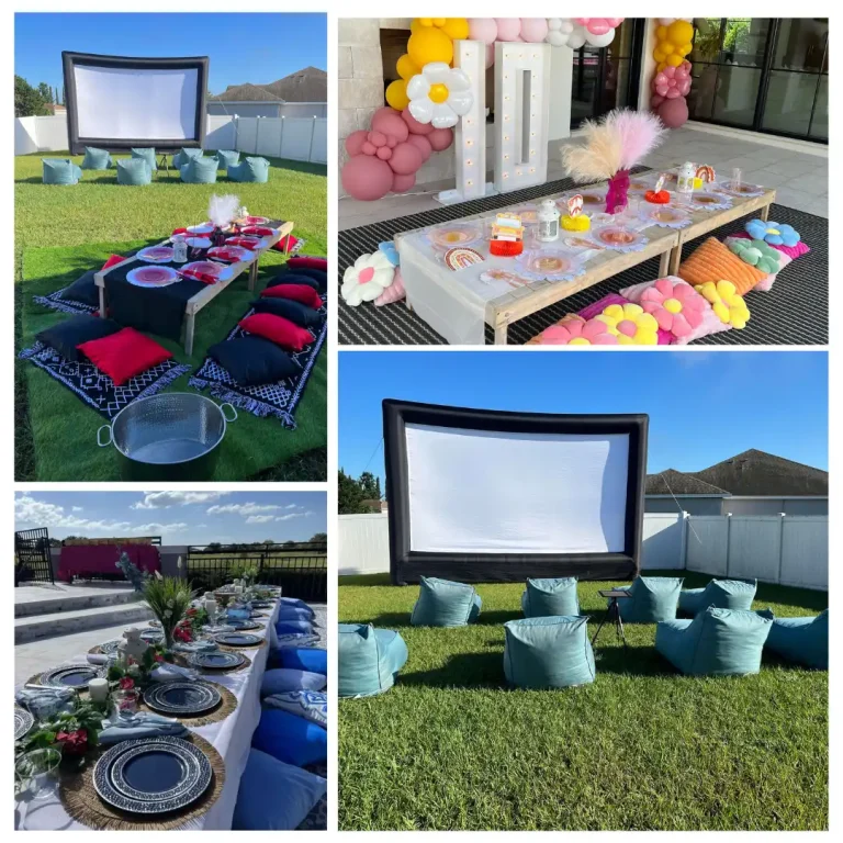 Experience the ultimate outdoor event setup, featuring a massive inflatable screen that guarantees cinematic delight under the stars. Discover an inviting oasis with elegantly adorned tables set amidst vibrant gardens, exuding a cozy Slumberr-inspired slumber party vibe. Immerse yourself in colorful cushions and playful balloon arches that add a splash of whimsy to this enchanting scene. Marvel at chic tent rentals designed to create an unforgettable evening perfect for stargazing and celebrating in style. Ideal for those seeking a unique blend of comfort and spectacle, this setup promises to captivate guests and provide lasting memories at any gathering or special occasion.