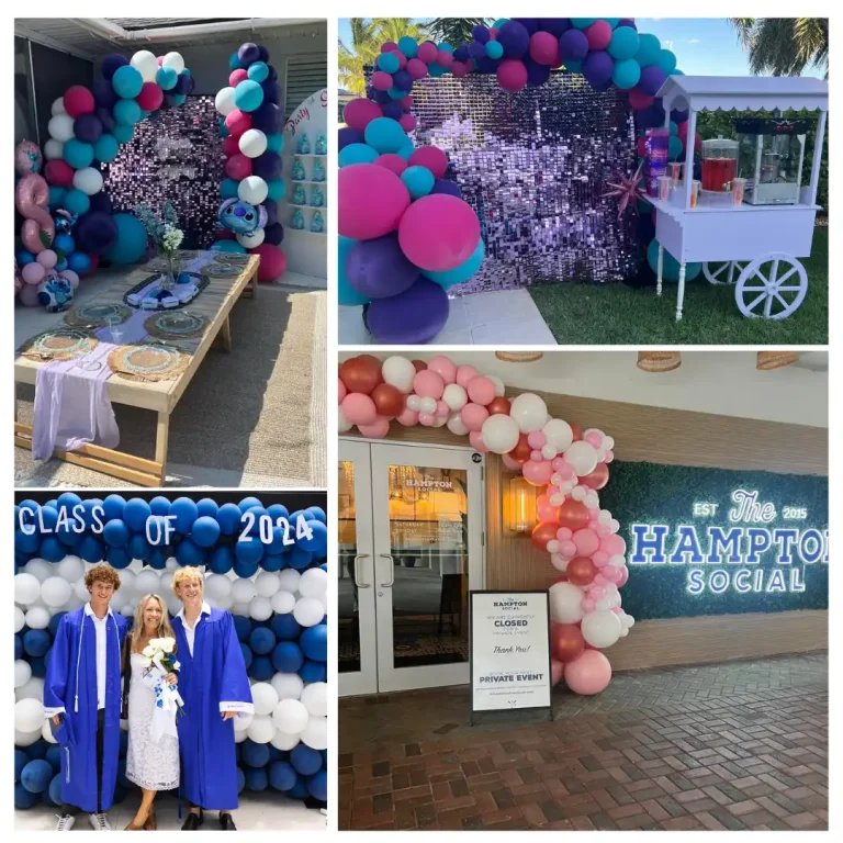 Vibrant outdoor celebration setup featuring eye-catching colorful balloon decorations and a dazzling sequin backdrop, perfectly framing the path to the Hampton Social entrance. Experience a festive atmosphere complete with an inviting popcorn stand adding to the party charm. Beneath elegant tent rentals, two proud graduates in striking blue gowns joyfully pose alongside a beaming woman, creating unforgettable memories on this special day. Ideal for graduation parties and other joyful milestone events!