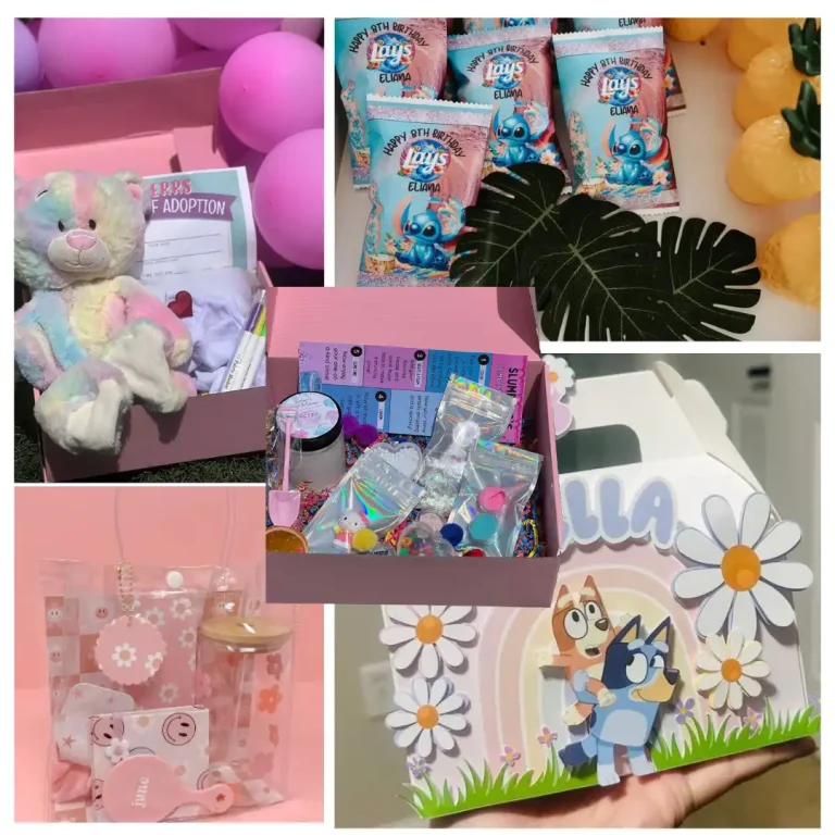 A vibrant collage of five eye-catching images showcasing must-have slumber party essentials for the ultimate playful sleepover experience. Discover a delightful plush bear gift box, perfect for cozy nights; colorful chip packets to satisfy midnight cravings; and whimsical leaf and orange decor that adds a serene, natural vibe to any gathering. Also featured is a chic clear bag filled with fun stickers—a hit with every guest—and an adorable themed party favor box adorned with cheerful cartoon characters. Ideal for creating an unforgettable Sleepover Party Rentals atmosphere that your guests will love!