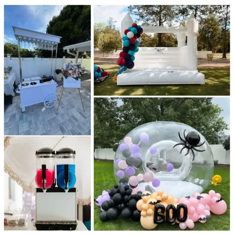 Vibrant collage showcasing outdoor party decorations, including a charming snack cart brimming with treats, an elegant white bounce house adorned with colorful balloons, and a fun-filled slushie machine for refreshing delights. A striking transparent balloon arrangement adds a spooky "Boo" theme with intricate spider decor. This captivating setup is ideal for teepee parties or anyone searching for Birthday Party Rentals to transform their celebration into an unforgettable event.