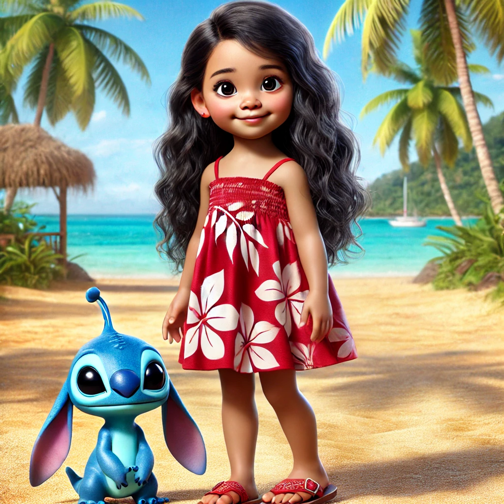 A young animated girl in a red floral dress stands on a tropical beach next to a blue alien creature, capturing an Aloha style vibe perfect for a Stitch themed slumber party, with palm trees and the ocean in the background.