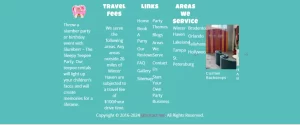 A screenshot of a party services website including various menu options like "travel fees," "themed parties," and "areas we service," with a pink mascot on the left.