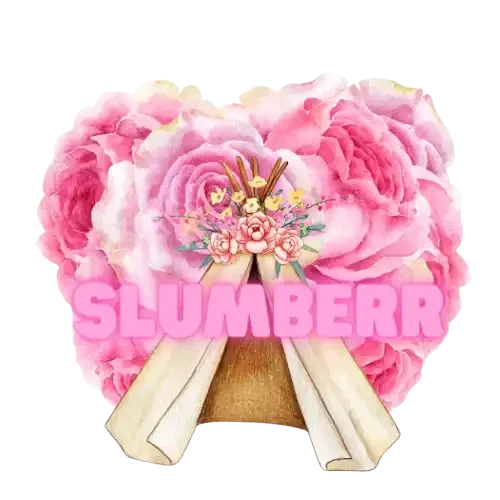 A heart-shaped arrangement of pink roses with a white ribbon and small flowers, overlaid with the word "SLUMBERR" in bold pink text—perfect as a stunning Elementor Header for your website.