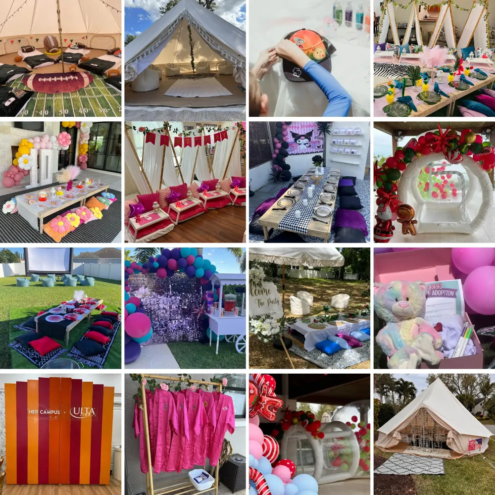 Discover the ultimate collection of enchanting event setups in this vibrant collage, showcasing Slumberr's luxurious teepee party tents, charming picnic tables, and stunning balloon decorations. Explore an array of colorful seating arrangements perfect for both indoor and outdoor celebrations. Experience a visual feast that captures the essence of creativity and style, ideal for unique gatherings. Keywords: Slumberr teepee party tents, picnic tables, balloon decorations, colorful seating arrangements, indoor events, outdoor events.