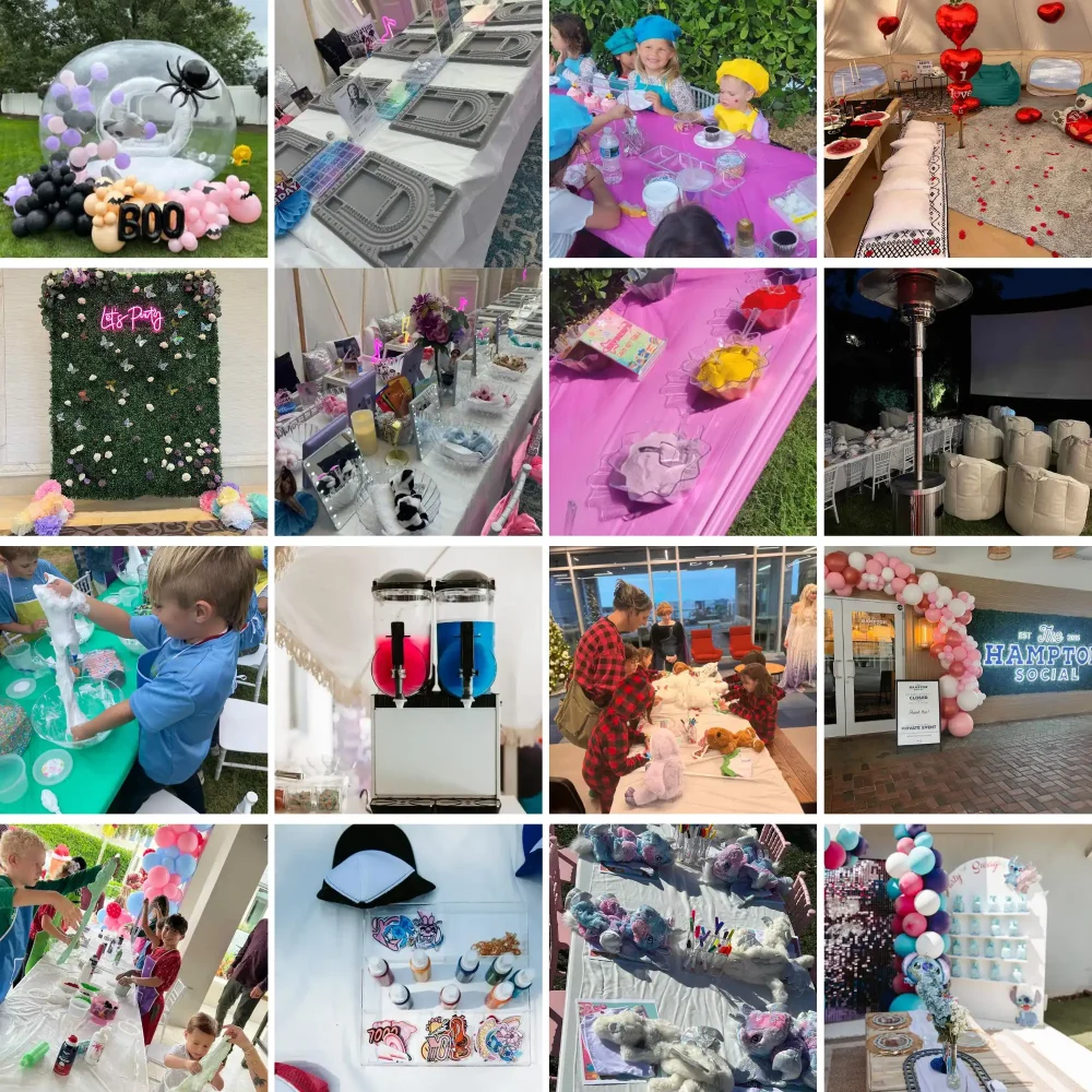 Vibrant collage of lively party highlights showcasing festive decorations, deliciously styled food tables, joyful children engaged in playful activities, creative craft stations, impressive balloon displays, and a stylish drinks station. Discover how Birthday Party Rentals enhance the celebration with their unique flair and memorable charm. Perfect for those seeking inspiration for a kid-friendly birthday bash filled with creativity, fun, and laughter.
